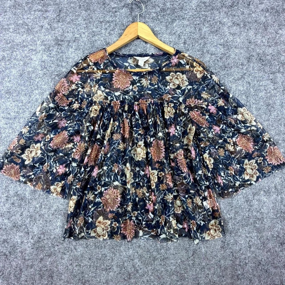 Belle Sky Blouse Womens Small Multi Floral Sheer Mesh Babydoll Flowy Top